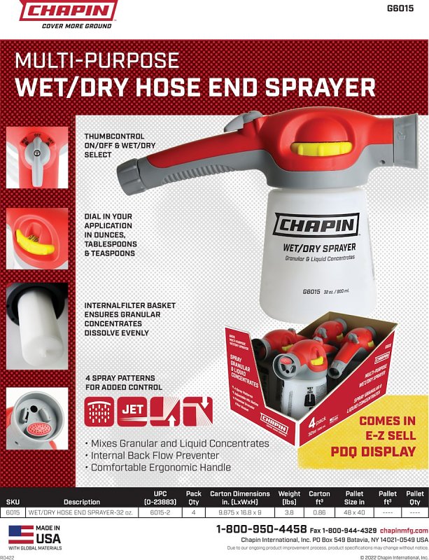 Chapin G6015 Wet/Dry Hose End Sprayer, 32 oz Cup