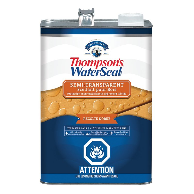 Thompson's WaterSeal THCP92201-16 Wood Sealer, Semi-Transparent, Liquid, Harvest Gold, 1 gal, Can