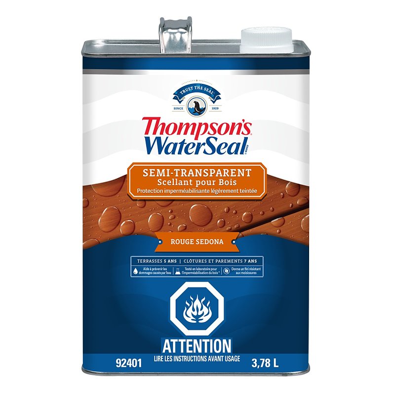 Thompson's WaterSeal THCP92401-16 Wood Sealer, Semi-Transparent, Liquid, Sedona Red, 1 gal, Can