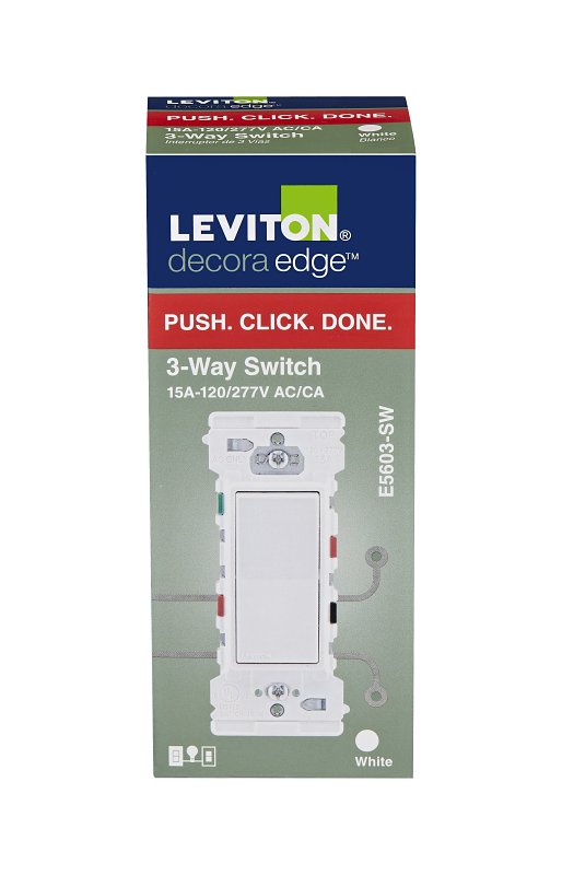 Decora Edge Series E5603-0SW Residential-Grade 3-Way Rocker Switch, 15 A, 120/277 VAC, Side Lever Terminal, White