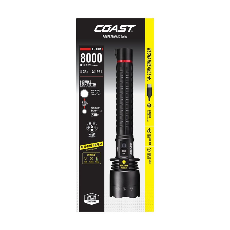 Coast XP40R Rechargeable Dual Power Flashlight, Flood Beam, 15 hr Low, 7 hr Medium, 3 hr High, 36 hr Moon Glow Run Time