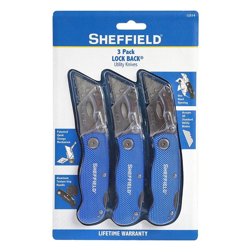 Sheffield 12514 Utility Knife, 3-Blade, Textured Grip Handle, Blue Handle
