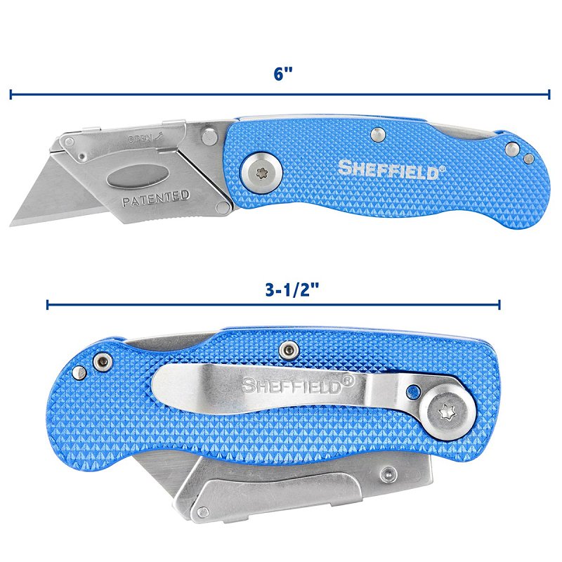 Sheffield 12514 Utility Knife, 3-Blade, Textured Grip Handle, Blue Handle