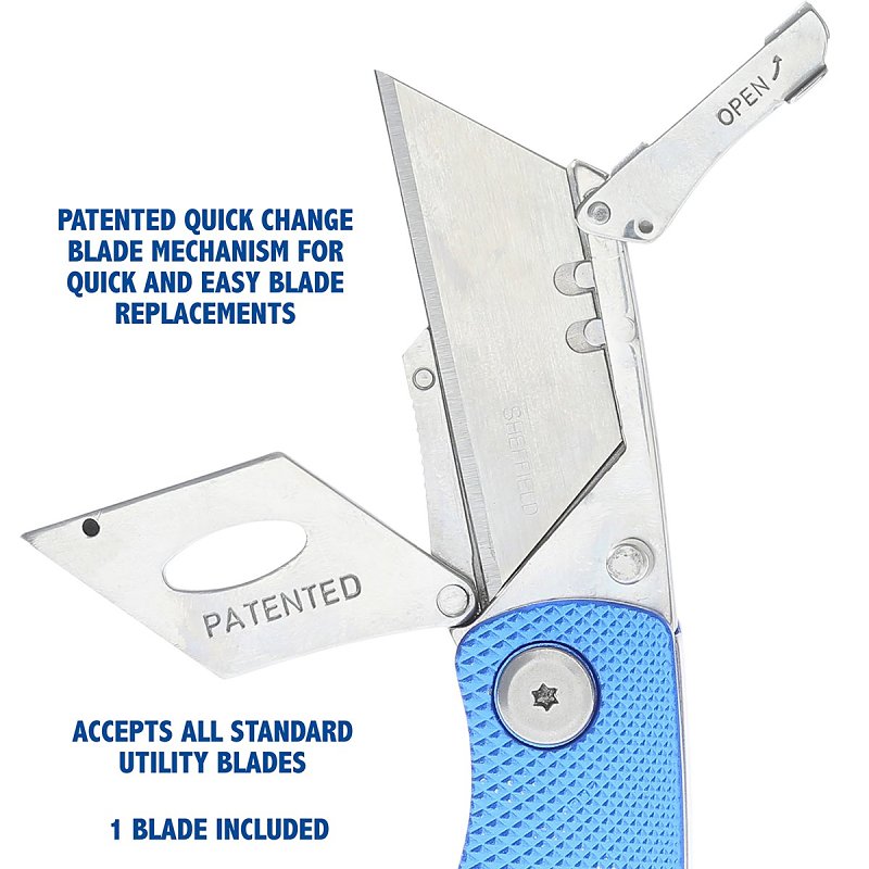 Sheffield 12514 Utility Knife, 3-Blade, Textured Grip Handle, Blue Handle