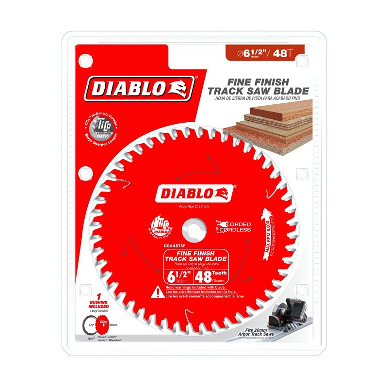 Diablo D0648TSF Track Saw Blade, 6-1/2 in Dia, 20 mm Arbor, 48-Teeth, Carbide Cutting Edge