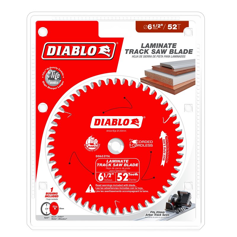 Diablo D0652TSL Track Saw Blade, 6-1/2 in Dia, 20 mm Arbor, 52-Teeth, Carbide Cutting Edge