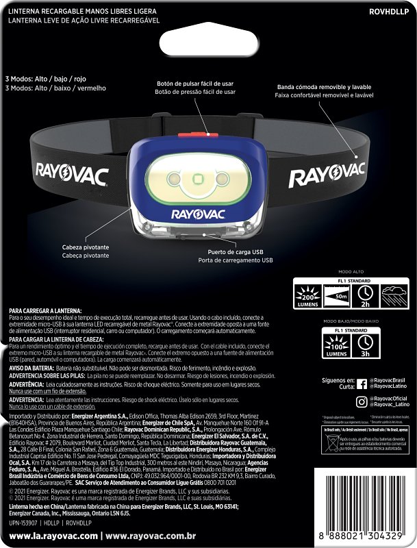 Rayovac ROVHDLLP Rechargeable Headlamp, Lithium-Ion Battery, LED Lamp, 8 hr Run Time