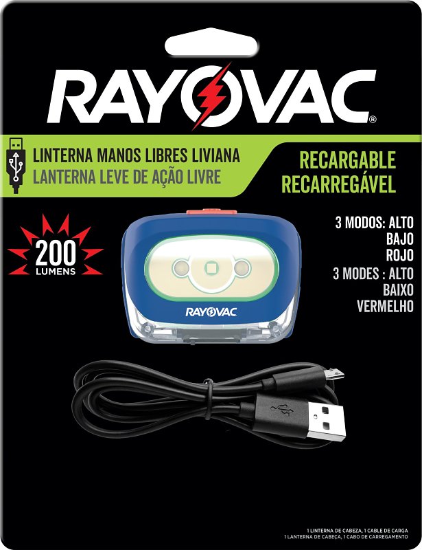 Rayovac ROVHDLLP Rechargeable Headlamp, Lithium-Ion Battery, LED Lamp, 8 hr Run Time