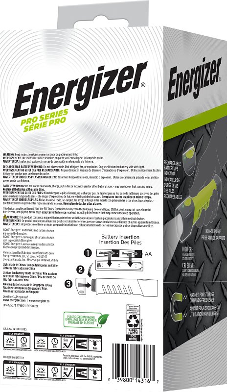 Energizer ENYPHH21 Handheld Flashlight, AA Battery, Alkaline, Lithium-Ion Battery, LED Lamp, 500 Lumens, Focussed Beam