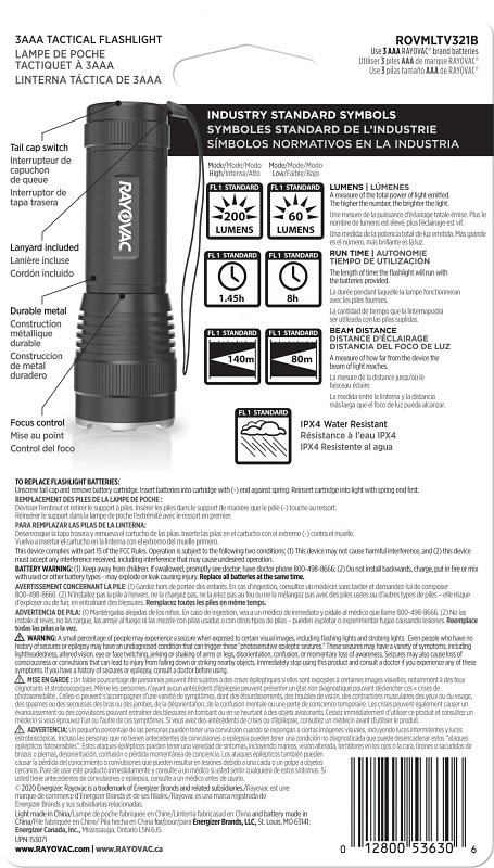 Rayovac ROVMLTV321B Tactical Handheld Flashlight, AAA Battery, Alkaline Battery, 300 Lumens, 180 m Beam Distance