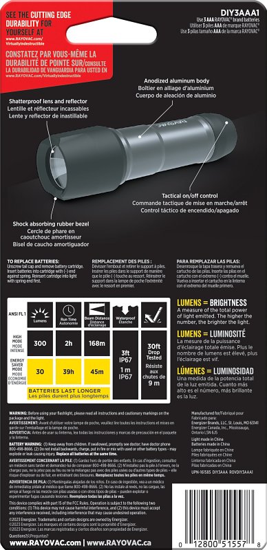 Rayovac ROVDIY3AAA1 Flashlight, AAA Battery, Alkaline Battery, LED Lamp, 300 Lumens, 551 ft Beam Distance, Black