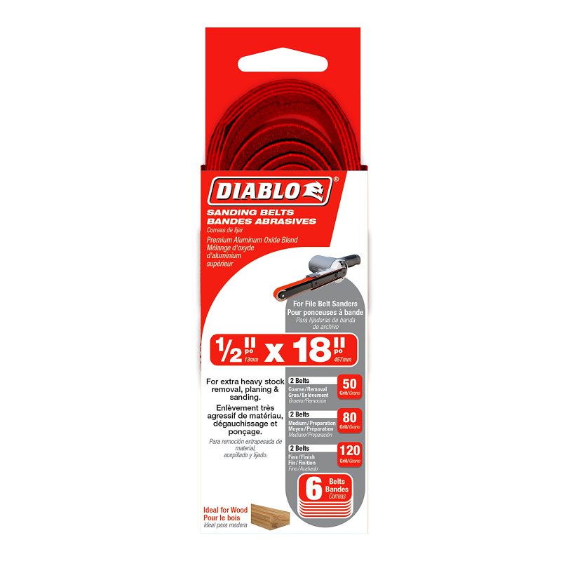 Diablo DCB518ASTS06G Sanding Belt, 1/2 in W, 18 in L, 50, 80, 120 Grit, Coarse, Fine, Medium, Zirconium Abrasive