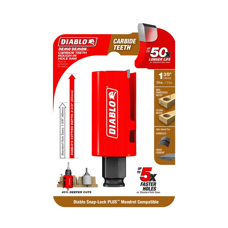 Diablo Demo Demon DHS1375CTR Hole Saw, 1-3/8 in Dia, 2-3/8 in D Cutting, 1-5/8 in Arbor, Carbide Cutting Edge