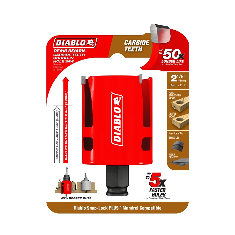 Diablo Demo Demon DHS2125CTR Hole Saw, 2-1/8 in Dia, 2-3/8 in D Cutting, 1-5/8 in Arbor, Carbide Cutting Edge