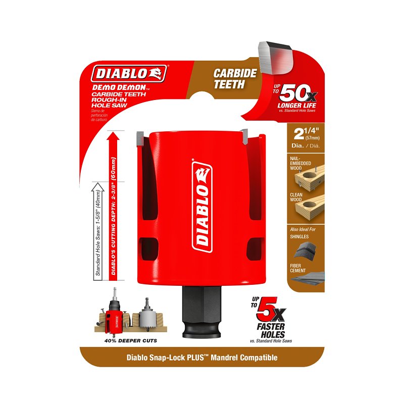 Diablo Demo Demon DHS2250CTR Hole Saw, 2-1/4 in Dia, 2-3/8 in D Cutting, 1-5/8 in Arbor, Carbide Cutting Edge