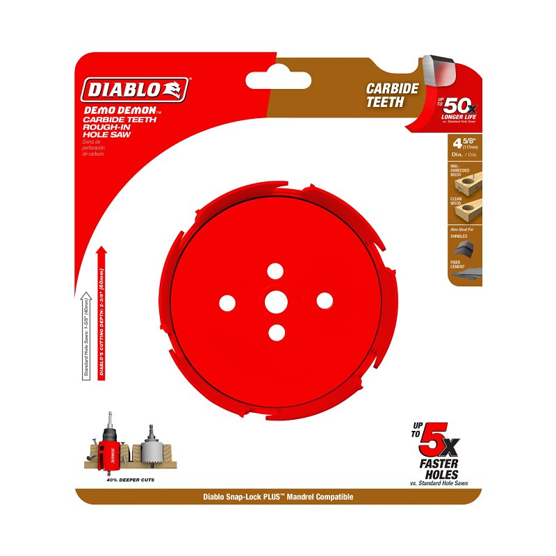 Diablo Demo Demon DHS4625CTR Hole Saw, 4-5/8 in Dia, 2-3/8 in D Cutting, 1-5/8 in Arbor, Carbide Cutting Edge