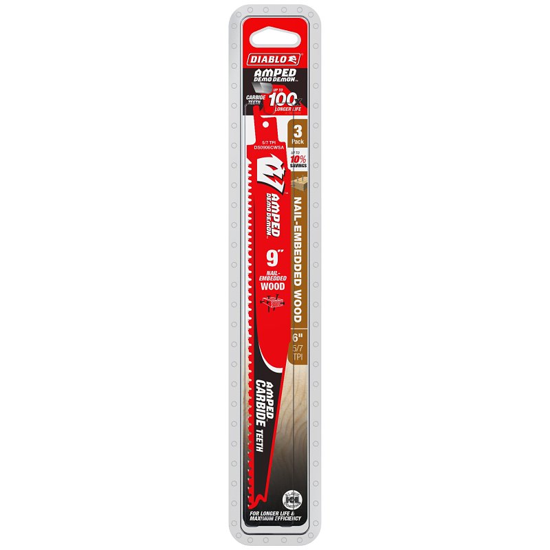 Diablo AMPED Demo Demon DS0906CWSA3 Reciprocating Saw Blade, 9 in L, 5, 7 TPI, Carbide Cutting Edge