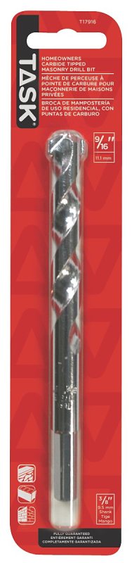 Task T17916 Rotary Drill Bit, 9/16 in Dia, 6 in OAL, Spiral Flute, 3/8 in Dia Shank, Reduced Shank