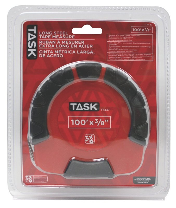 Task TT447 Measuring Tape, 100 ft L Blade, 3/8 in W Blade, Steel Blade, ABS Case