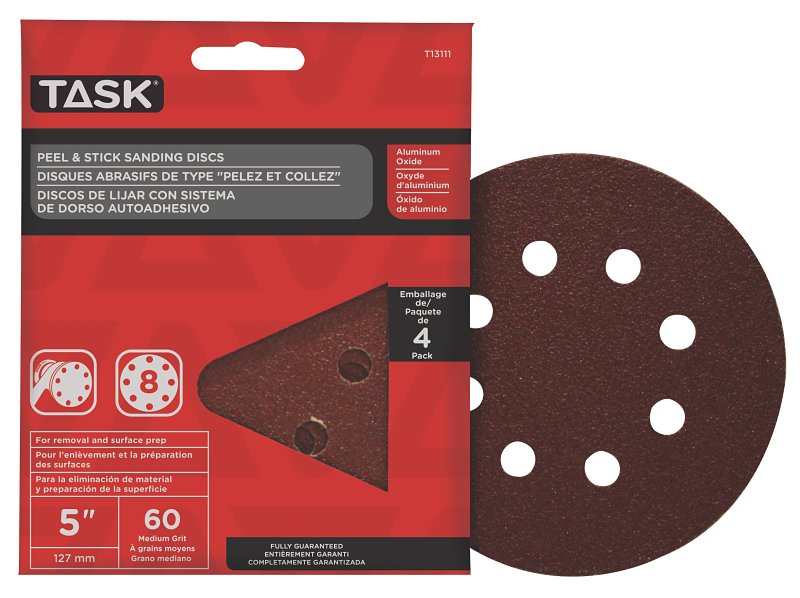 Task T13111 Sanding Disc, 5 in Dia, 60 Grit, Aluminum Oxide Abrasive, 8-Hole