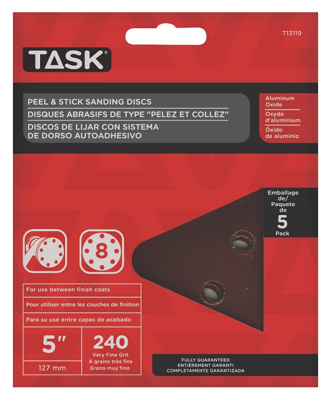 Task T13119 Sanding Disc, 5 in Dia, 240 Grit, Aluminum Oxide Abrasive, 8-Hole