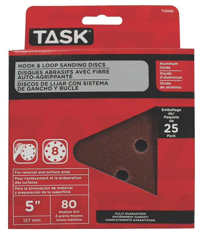 Task T13059 Sanding Disc, 5 in Dia, 80 Grit, Aluminum Oxide Abrasive, 8-Hole
