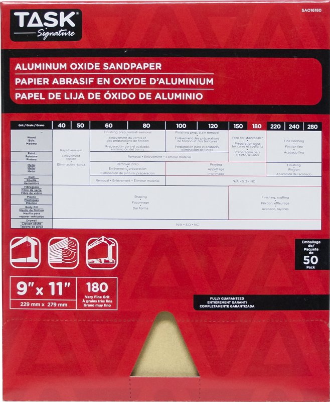 TASK Signature SAO16180 Sandpaper, 11 in L, 9 in W, Very Fine, 180 Grit, Aluminum Oxide Abrasive, Paper Backing