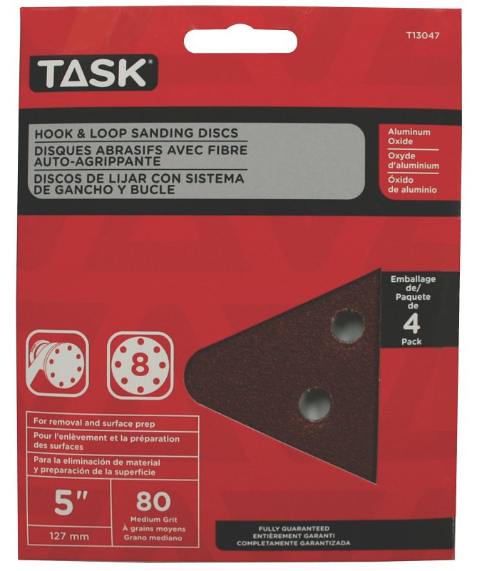 Task T13047 Sanding Disc, 5 in Dia, 80 Grit, Aluminum Oxide Abrasive, 8-Hole