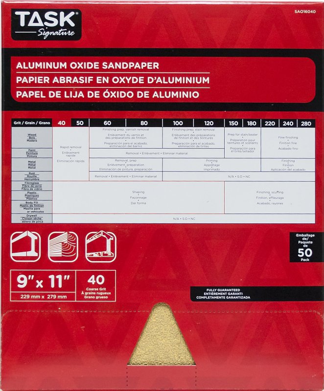 TASK Signature SAO16040 Sandpaper, 11 in L, 9 in W, Coarse, 40 Grit, Aluminum Oxide Abrasive, Paper Backing