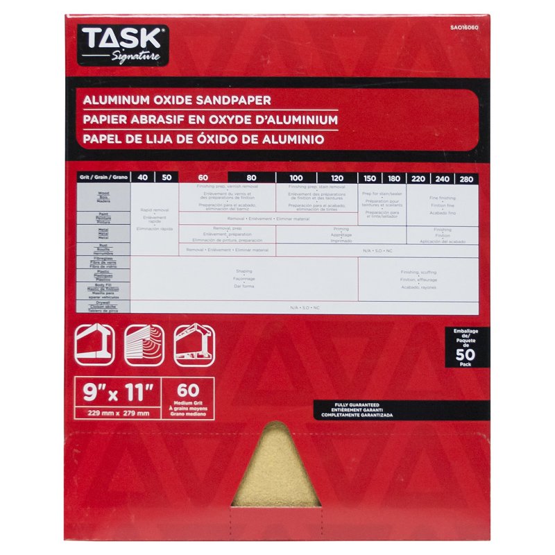 TASK Signature SAO16060 Sandpaper, 11 in L, 9 in W, Medium, 60 Grit, Aluminum Oxide Abrasive, Paper Backing