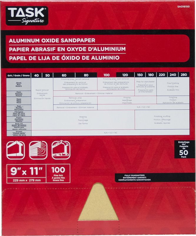 TASK Signature SAO16100 Sandpaper, 11 in L, 9 in W, Fine, 100 Grit, Aluminum Oxide Abrasive, Paper Backing
