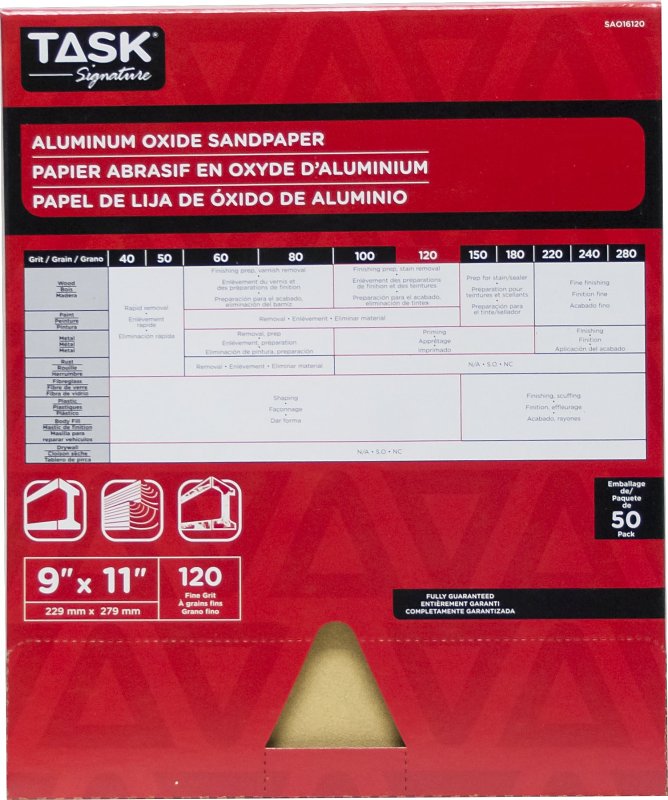 TASK Signature SAO16120 Sandpaper, 11 in L, 9 in W, Fine, 120 Grit, Aluminum Oxide Abrasive, Paper Backing
