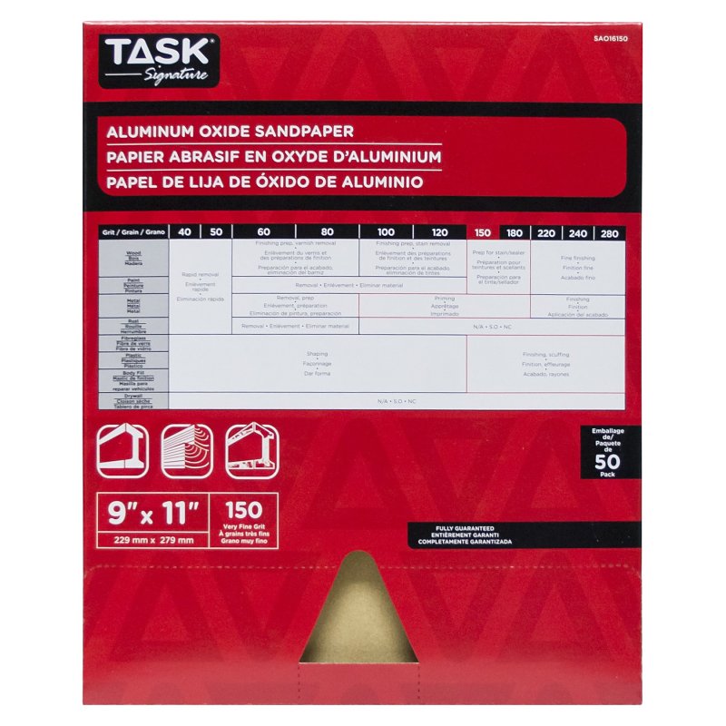 TASK Signature SAO16150 Sandpaper, 11 in L, 9 in W, Very Fine, 150 Grit, Aluminum Oxide Abrasive, Paper Backing