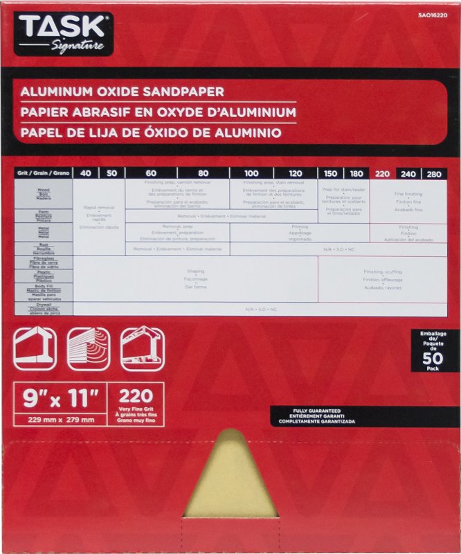 TASK Signature SAO16220 Sandpaper, 11 in L, 9 in W, Very Fine, 220 Grit, Aluminum Oxide Abrasive, Paper Backing