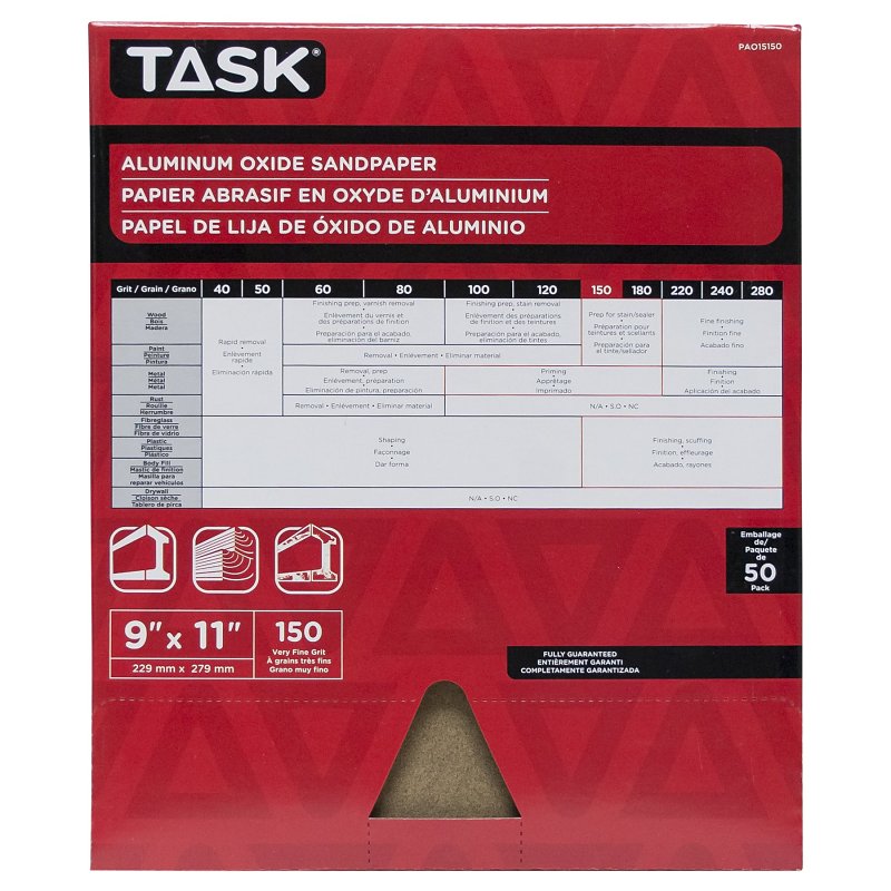 Task PAO15150 Sandpaper, 11 in L, 9 in W, Very Fine, 150 Grit, Aluminum Oxide Abrasive, Paper Backing