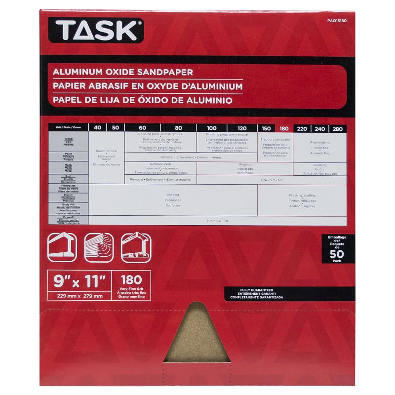 Task PAO15180 Sandpaper, 11 in L, 9 in W, Very Fine, 180 Grit, Aluminum Oxide Abrasive, Paper Backing