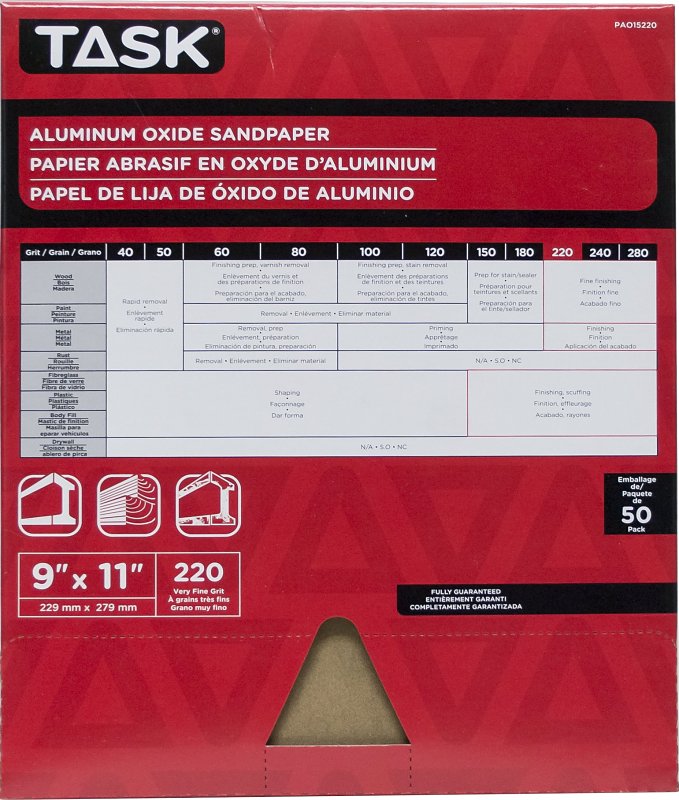 Task PAO15220 Sandpaper, 11 in L, 9 in W, Very Fine, 220 Grit, Aluminum Oxide Abrasive, Paper Backing
