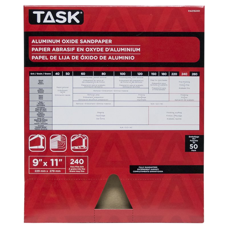 Task PREMIUM Series PAO15240 Sandpaper, 11 in L, 9 in W, Very Fine, 240 Grit, Aluminum Oxide Abrasive, Paper Backing
