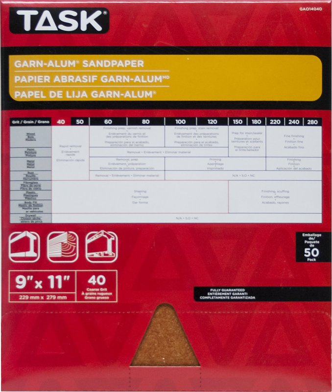 Task Garn-Alum Series GAO14040 Sandpaper, 11 in L, 9 in W, Coarse, 40 Grit, Aluminum Oxide Abrasive, Kraft Paper Backing