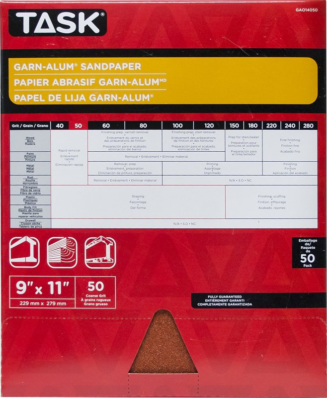 Task Garn-Alum Series GAO14050 Sandpaper, 11 in L, 9 in W, Coarse, 50 Grit, Aluminum Oxide Abrasive