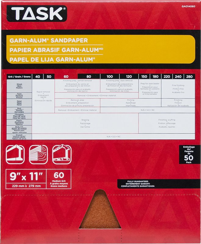 Task Garn-Alum Series GAO14060 Sandpaper, 11 in L, 9 in W, Medium, 60 Grit, Aluminum Oxide Abrasive, Kraft Paper Backing
