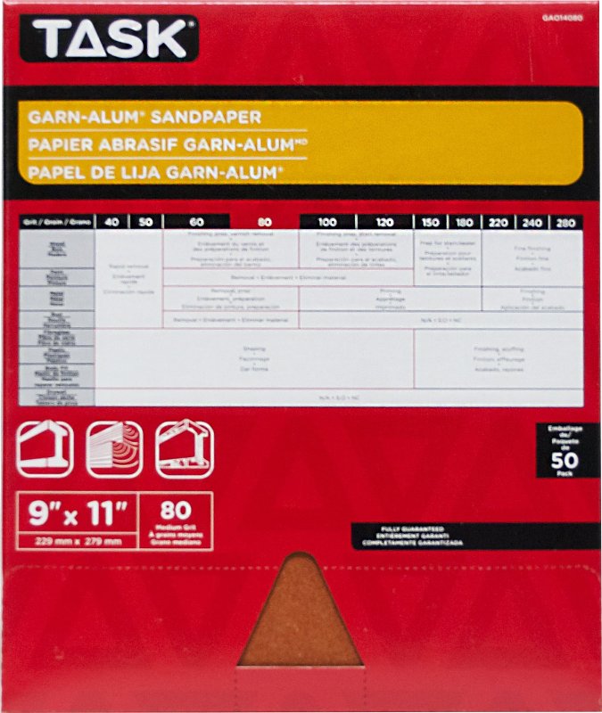 Task Garn-Alum Series GAO14080 Sandpaper, 11 in L, 9 in W, Medium, 80 Grit, Aluminum Oxide Abrasive, Kraft Paper Backing