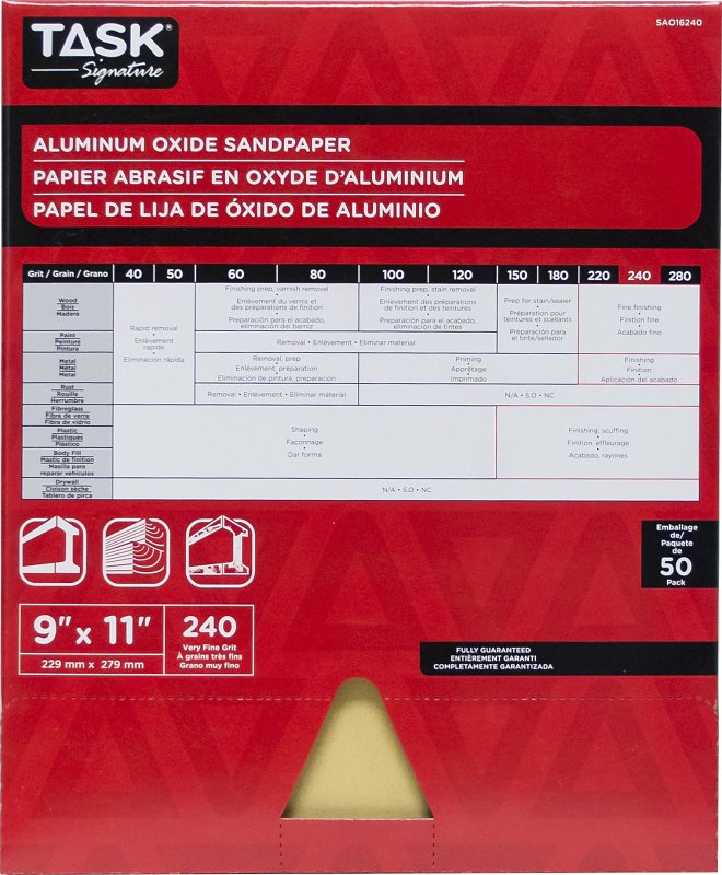 TASK Signature SAO16240 Sandpaper, 11 in L, 9 in W, Very Fine, 240 Grit, Aluminum Oxide Abrasive, Paper Backing