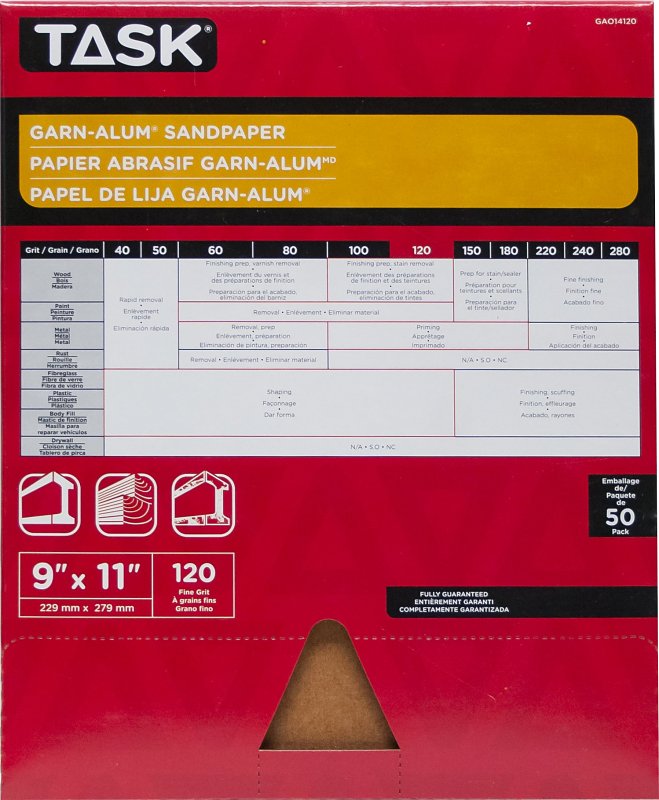 Task Garn-Alum Series GAO14120 Sandpaper, 11 in L, 9 in W, Fine, 120 Grit, Aluminum Oxide Abrasive, Kraft Paper Backing
