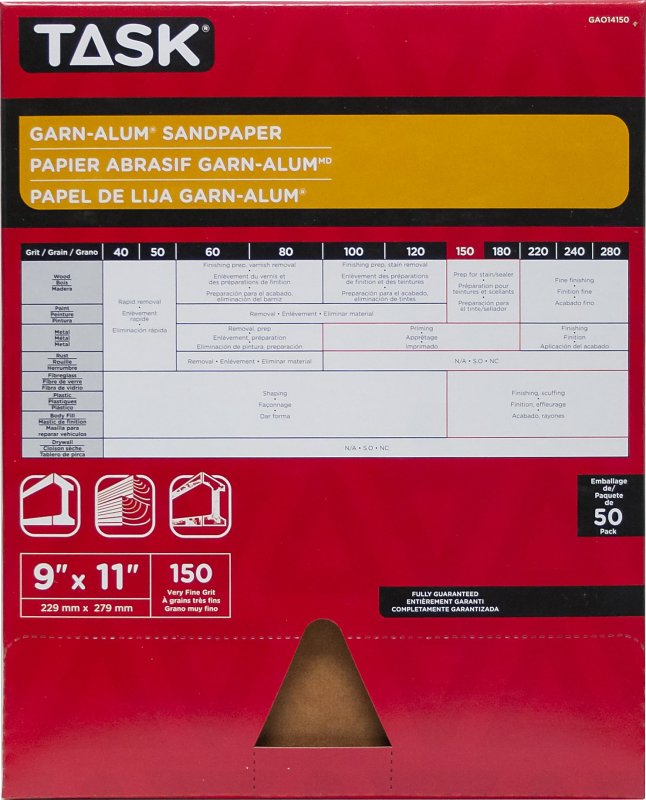 Task Garn-Alum Series GAO14150 Sandpaper, 11 in L, 9 in W, Very Fine, 150 Grit, Aluminum Oxide Abrasive