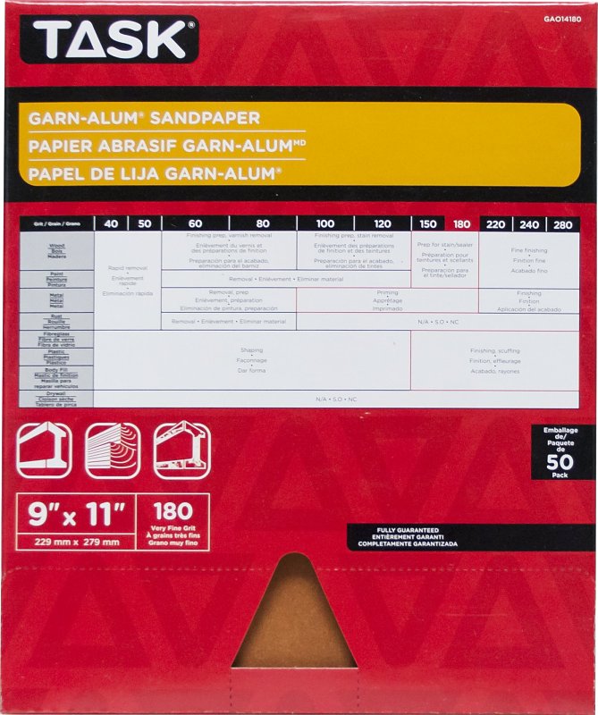 Task Garn-Alum Series GAO14180 Sandpaper, 11 in L, 9 in W, Very Fine, 180 Grit, Aluminum Oxide Abrasive