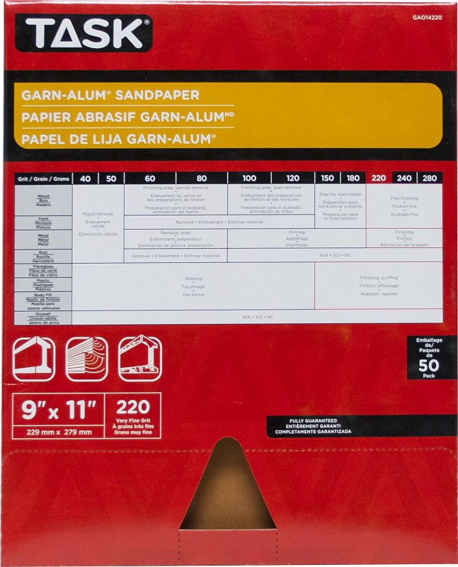 Task Garn-Alum Series GAO14220 Sandpaper, 11 in L, 9 in W, Very Fine, 220 Grit, Aluminum Oxide Abrasive