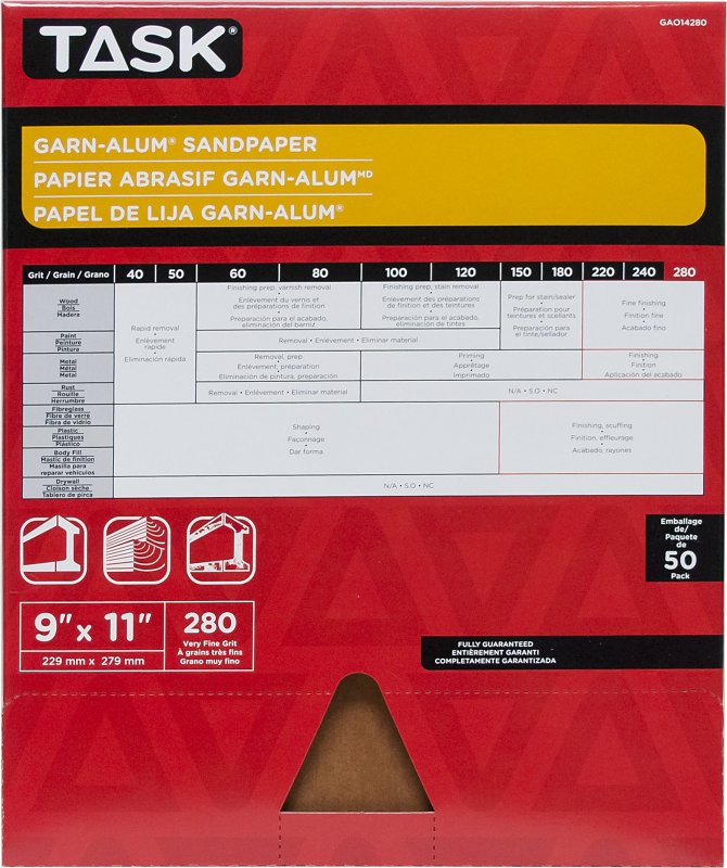 Task Garn-Alum Series GAO14280 Sandpaper, 11 in L, 9 in W, Very Fine, 280 Grit, Aluminum Oxide Abrasive