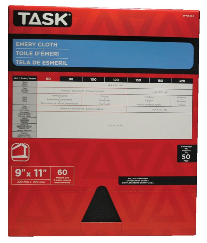 Task EMO5060 Sanding Sheet, 11 in L, 9 in W, Medium, 60 Grit, Emery Abrasive, Cloth Backing