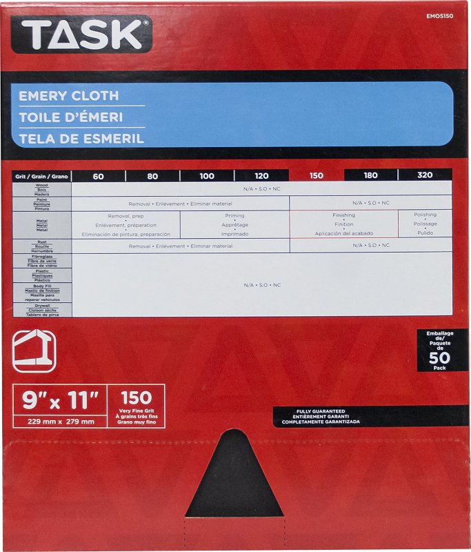Task EMO5150 Sanding Sheet, 11 in L, 9 in W, Very Fine, 150 Grit, Emery Abrasive, Cloth Backing